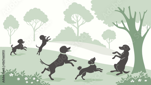 Joyful Black Dogs Playing and Jumping Outdoors in Sunny Park Green Landscape for Pet Care Advertising