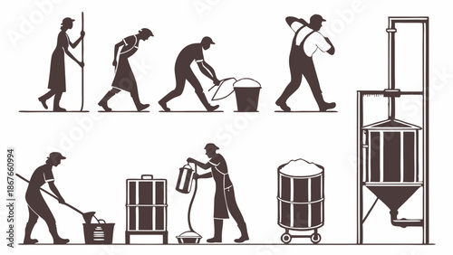 Brewing Process Steps Silhouettes Showing Grain Handling and Fermentation for Craft Beer Production or Food Industry