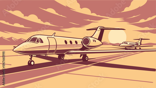 Luxury Private Jets Taxiing on Tarmac at Sunset for Executive Travel and Wealthy Lifestyle Design