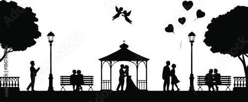 Romantic Park Scene with Couples and Cupid