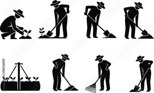 Gardening icons set planting, digging, raking, and cultivating plants in a field or garden