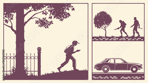 Silhouette of Suspicious Man Walking Past Suburban Fence Near Armed Figures and Car for Crime Security Illustration