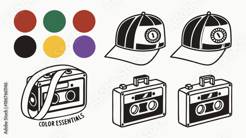 Retro Cassette Tape Bag Hat Set Color Palette Design Elements for Apparel Merch Branding Projects