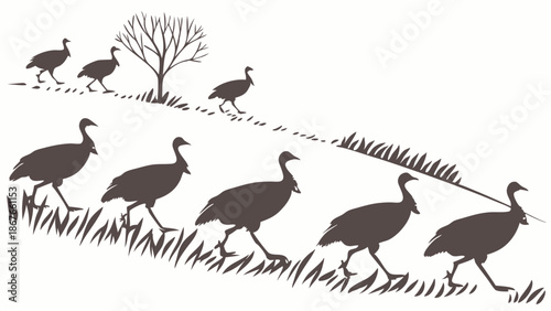 Wild Turkeys Walking Uphill in Line on Grassy Hillside for Thanksgiving Autumn Wildlife Illustration