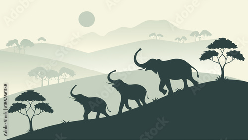 Elephant Family Migration Uphill Silhouette Journey Growth Progress Safari Landscape for Wildlife Conservation and Environmental Web Design