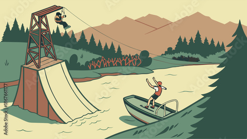 Summer Adventure Watersports Fun Wakeboarding Jumps from Tower Ramp for Extreme Outdoor Recreation and Thrilling Vacation Activity