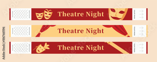 Set of vintage theater wristbands with theatrical masks curtains columns chairs and classic architecture elements