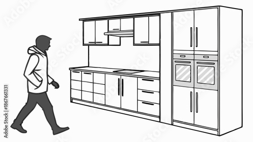 Man Walking Past Modern Kitchen Cabinets Home Renovation Interior Design Appliance Installation Service Advertisement