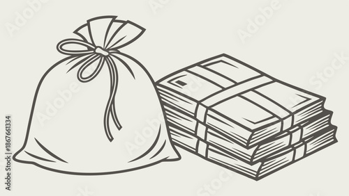 Money Bag and Stacked Cash Bundles for Wealth Savings Investment Finance Illustration