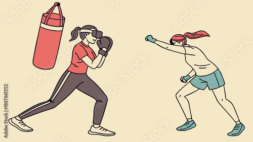 Two Fit Women Boxing Training for Fitness Workout Dynamic Punching Exercise for Health and Wellness Lifestyle