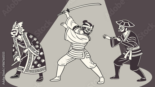 Dynamic Japanese Kabuki Theater Scene with Warrior and Performers for Cultural Presentation Design