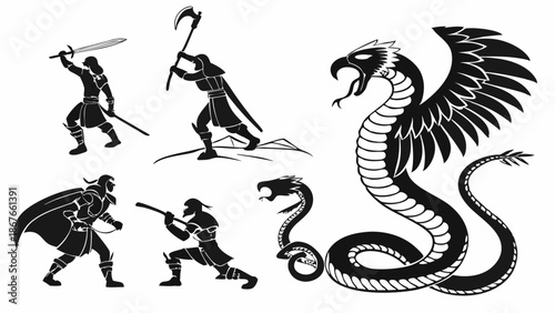 Epic Fantasy Warriors and Mythical Winged Serpent Battle Icons for Game Design Adventure UI Assets