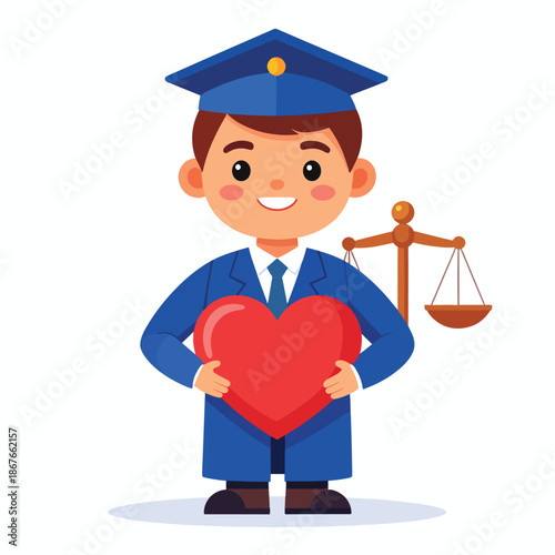 Ethical law student or professional with graduation cap, heart, and justice scales vector
