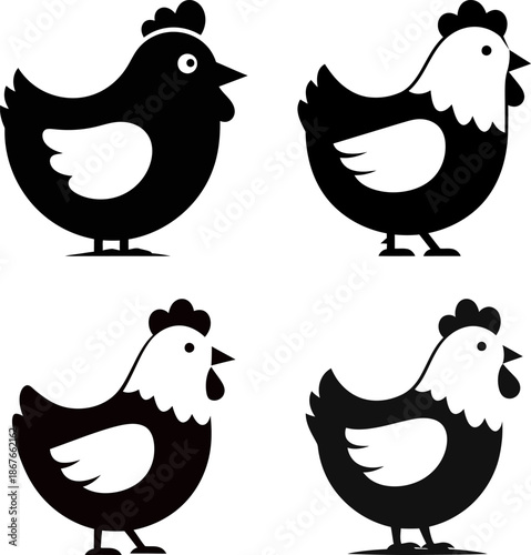 Four black and white minimalist chicken icons with round bodies on a white background