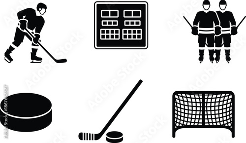 Ice hockey icons vector illustration set featuring players puck stick goal and scoreboard in black silhouette style for sports design apps infographics and branding projects