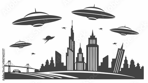 Alien Invasion Over City Skyline UFO Attack Futuristic Sci Fi Invasion Graphic Design Element for Thriller Posters or Tech Websites