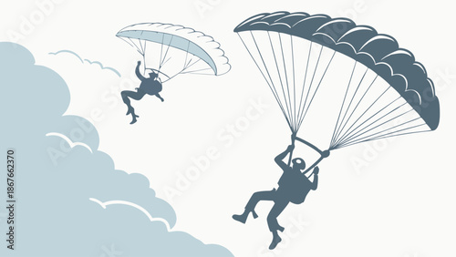 Skydivers Parachuting Down Through Clouds Extreme Sports Adventure for Travel Web Design or Motivational Poster