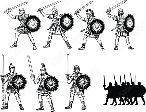 Ancient Roman soldiers vector illustration set featuring legionary warriors with swords and shields in vintage engraving style for history education branding posters and design projects
