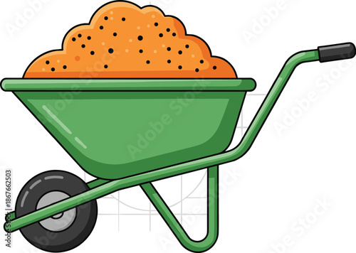 Green wheelbarrow filled with construction material illustration, gardening and building equipment design, cartoon style tool, isolated on white background