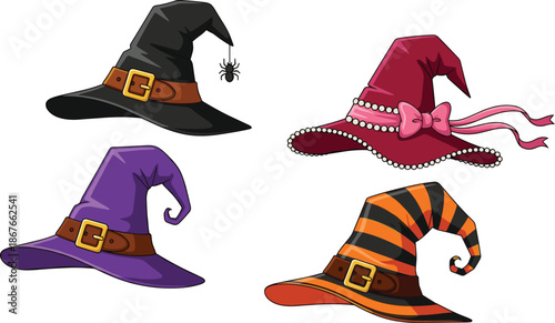Halloween witch hats illustration set, colorful magic headwear designs, spooky costume accessories, fantasy celebration concept, cartoon style artwork