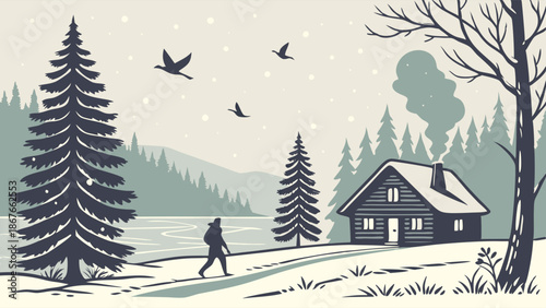 Rustic Winter Cabin Retreat Scene with Hiker Walking Past Snowy Lake Forest Background for Holiday Travel Web Design