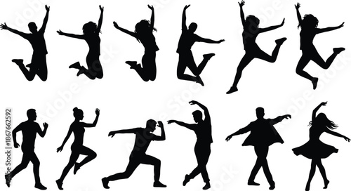 Jumping and dancing people silhouettes set expressing freedom, joy and movement, energetic lifestyle actions, dynamic poses, black white illustrationWeb