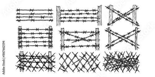 Set of barbwire fence backgrounds. Hand drawn vector illustration in sketch style. Design element for military, security, prison, slavery concepts
