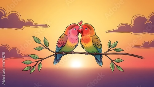 Two adorable cartoon lovebirds perched sweetly upon a leafy branch against a vibrant sunset sky illustrating deep affection and companionship.