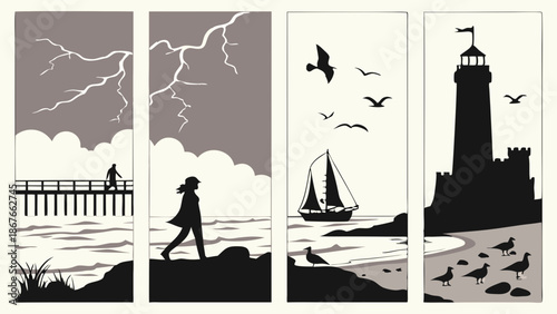 Coastal Journey Progression Lighthouse Stormy Sea Walk Sailboat Seagulls for Travel Vacation Web Design Backgrounds