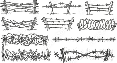 Set of barbwire fence backgrounds. Hand drawn vector illustration in sketch style. Design element for military, security, prison, slavery concepts
