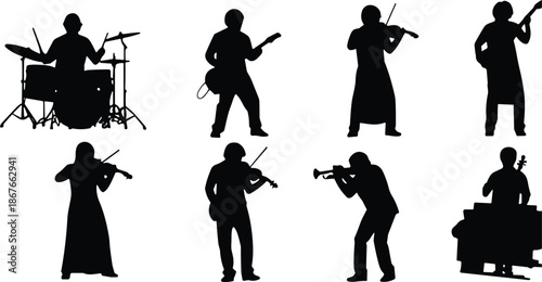 Musicians silhouettes set performing with drums, guitar, violin and trumpet, live concert, rhythm, artistic performance, black white illustrationWeb