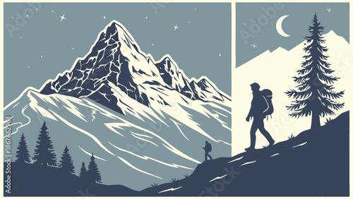 Adventurous Hikers Ascending Snowy Mountain Trail Under Night Sky for Outdoor Adventure Travel Web Design