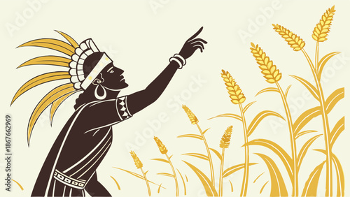 Indigenous Farmer Gesturing Towards Abundant Golden Grain Harvest for Agriculture Food Security and Growth Illustration