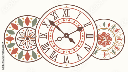 Ornate Vintage Clock Face with Decorative Floral Plates for Home Decor Website Design or Timeless Antique Shop Branding