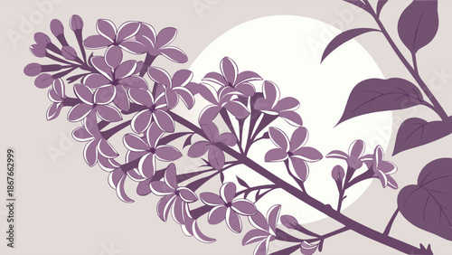 Elegant Lilac Flower Branch Against Pale Moon Background for Spring Greeting Cards Website Banners Garden Design