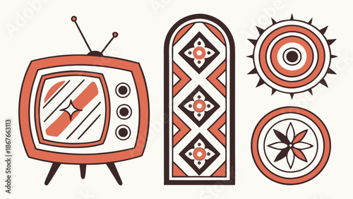 Retro Television and Abstract Geometric Patterns for Vintage Interior Design and Nostalgic Web Graphics