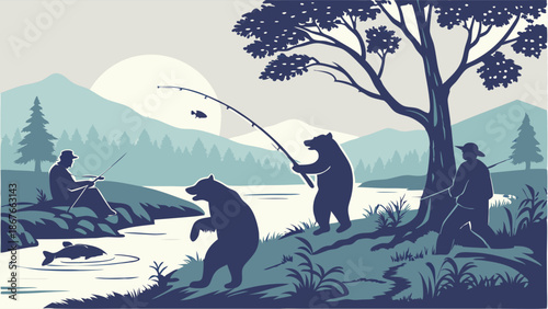 Rustic Outdoor Scene Fishermen and Bears Fishing Salmon River Wilderness Adventure Illustration for Travel or Nature Websites