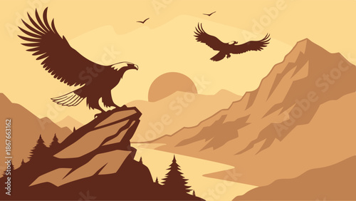Majestic Bald Eagle Perched on Mountain Peak at Sunrise Symbolizing Freedom Success for Adventure Travel and Wildlife Design Projects