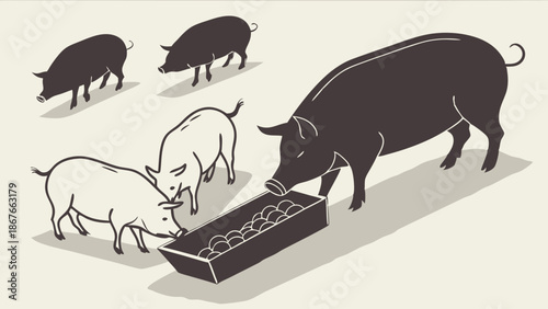 Farm Pigs Feeding Together Illustration Livestock Agriculture Business Design Element Happy Healthy Animals Eating Meal