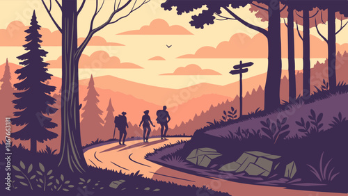 Hikers Trekking on Winding Forest Trail at Sunset for Adventure Travel Web Design and Outdoor Lifestyle Backgrounds