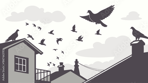 Doves Taking Flight From Rooftops Urban Skyline Symbolizing Freedom Hope Travel Migration for Web Design Backgrounds