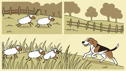 Sheep Herding Dog Chasing Fluffy Livestock Across Grassy Farm Field for Agriculture and Pet Care Websites