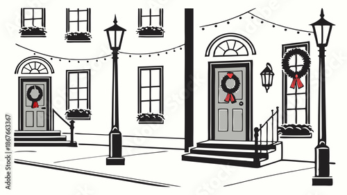 Charming Black and White Christmas Street Scene with Holiday Wreaths and Festive Lights for Winter Greeting Cards