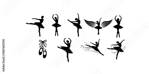 set of ballerina silhouette dancer sign and symbol
