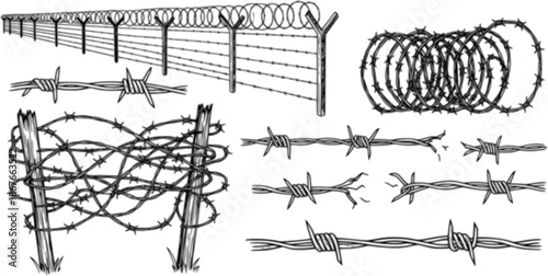 Set of barbwire fence backgrounds. Hand drawn vector illustration in sketch style. Design element for military, security, prison, slavery concepts
