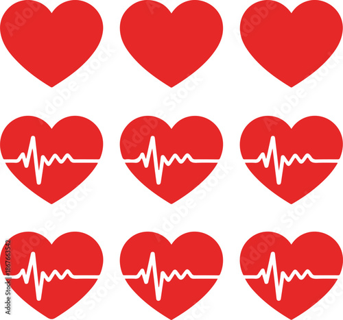Set of Red Hearts with Pulse Lines