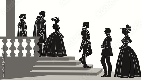 Aristocratic Couple Descending Grand Staircase Meeting Formal Gentry for Elegant Historical Ball or Royal Event Illustration
