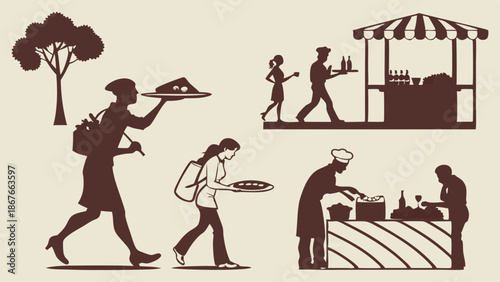 Street Food Vendors Serving Customers Outdoor Festival Crowd Buying Prepared Meals for Quick Lunch or Dinner Service