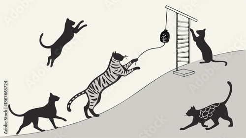 Dynamic Feline Team Climbing Hill Playing with Rope Toy for Pet Product Web Design or Children's Book Illustration