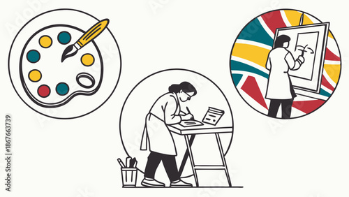 Focused Artists Creating Visual Art with Palette Brushes and Easel for Creative Design Projects and Skill Development